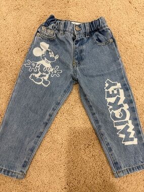 Zara Blue Denim Jeans with White Mickey Graphic